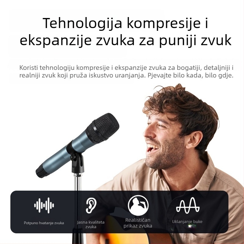 Bežični metalni ručni mikrofon za pozornicu, model S7, dinamički mikrofon od aluminijske legure, frekvencijski odziv 60 Hz–15 kHz, SNR ≥60 dB, baterija 1000–1200 mAh, autonomija 3–6 h