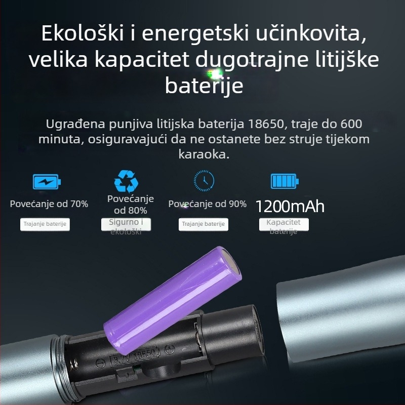 Bežični metalni ručni mikrofon za pozornicu, model S7, dinamički mikrofon od aluminijske legure, frekvencijski odziv 60 Hz–15 kHz, SNR ≥60 dB, baterija 1000–1200 mAh, autonomija 3–6 h
