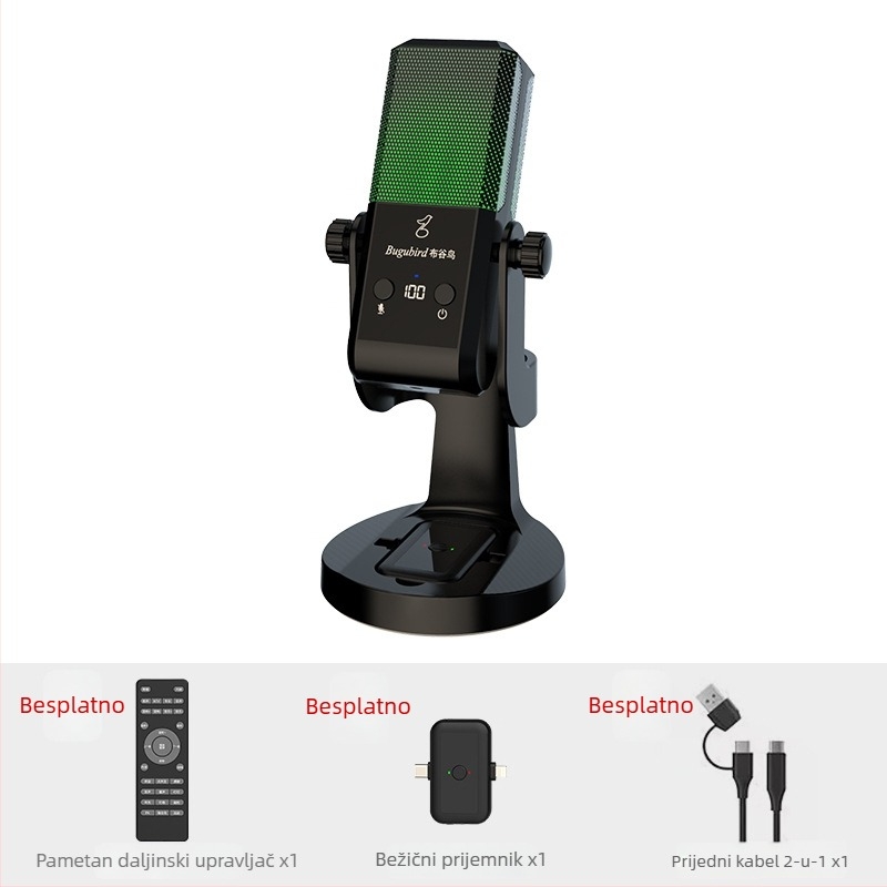 Mikrofon za uživo emitiranje uz set zvučne kartice – bežični, 2.1 kanalni, 100 Hz–20 kHz, SNR ≥95 dB, ugrađena baterija 1000–1200 mAh