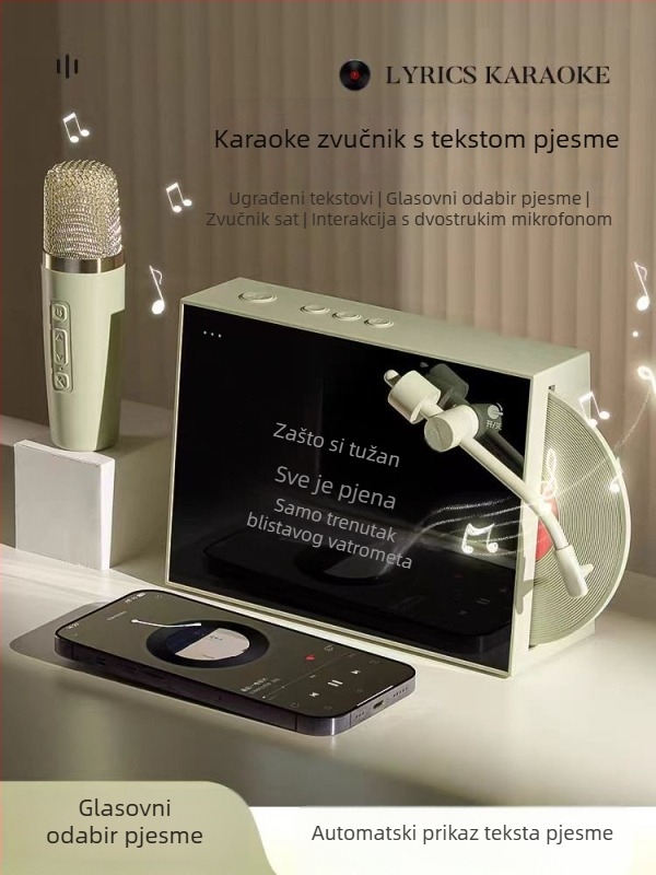 Bežični Bluetooth zvučnik s prikazom tekstova pjesama, retro vinil dizajn, interaktivni veliki zaslon za karaoke uz mikrofon