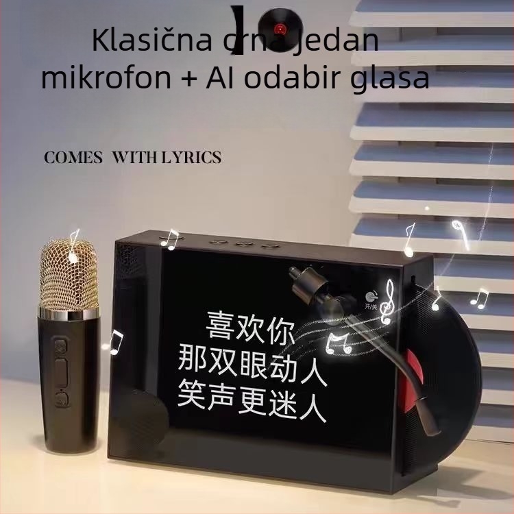Bežični Bluetooth zvučnik s prikazom tekstova pjesama, retro vinil dizajn, interaktivni veliki zaslon za karaoke uz mikrofon