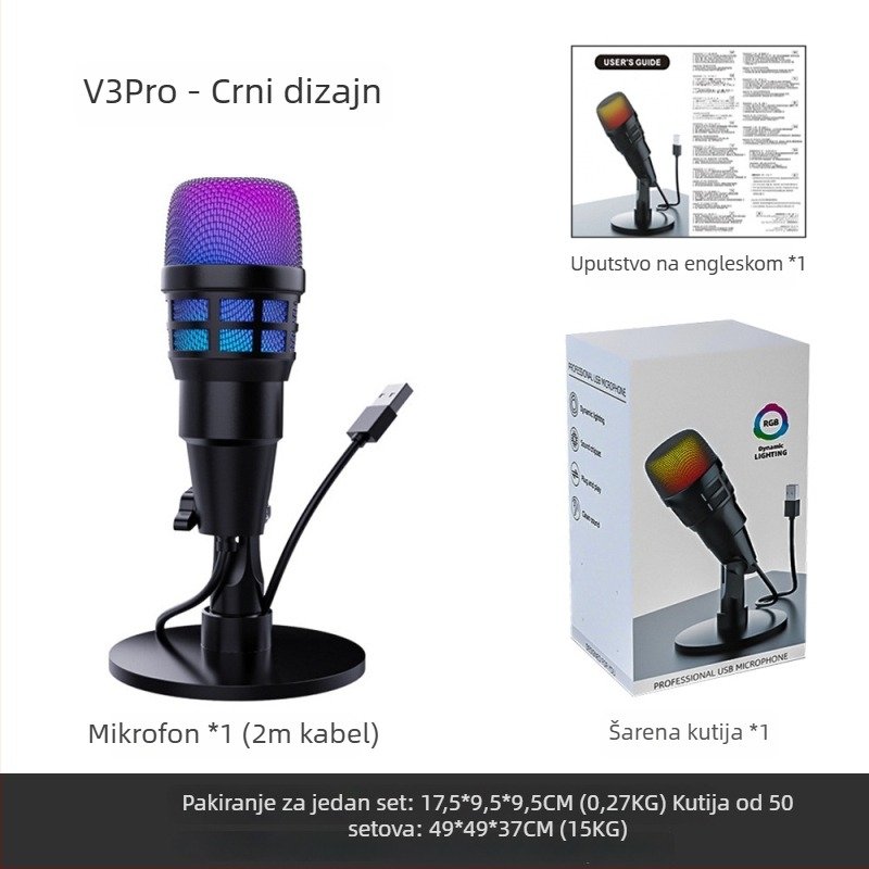 USB kondenzatorski mikrofon za računalo s inteligentnim uklanjanjem šuma, stolno RGB osvjetljenje, za snimanje, karaoke i gaming