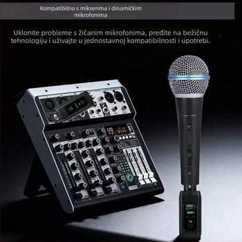 Žično–bežični pretvarač mikrofona: transmiter–prijemnik, One-to-One/One-to-Two, 2.4G, dinamički kardioidni mikrofon, frekvencijski odziv 60 Hz–15 kHz
