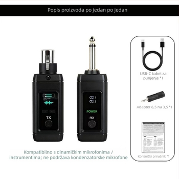 Žično–bežični pretvarač mikrofona: transmiter–prijemnik, One-to-One/One-to-Two, 2.4G, dinamički kardioidni mikrofon, frekvencijski odziv 60 Hz–15 kHz