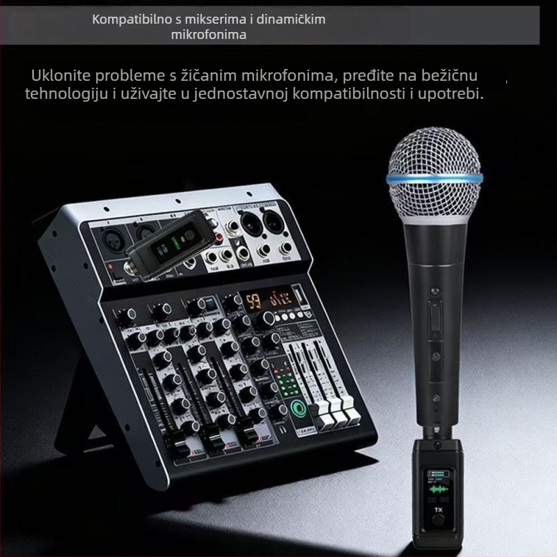 Žično–bežični pretvarač mikrofona: transmiter–prijemnik, One-to-One/One-to-Two, 2.4G, dinamički kardioidni mikrofon, frekvencijski odziv 60 Hz–15 kHz