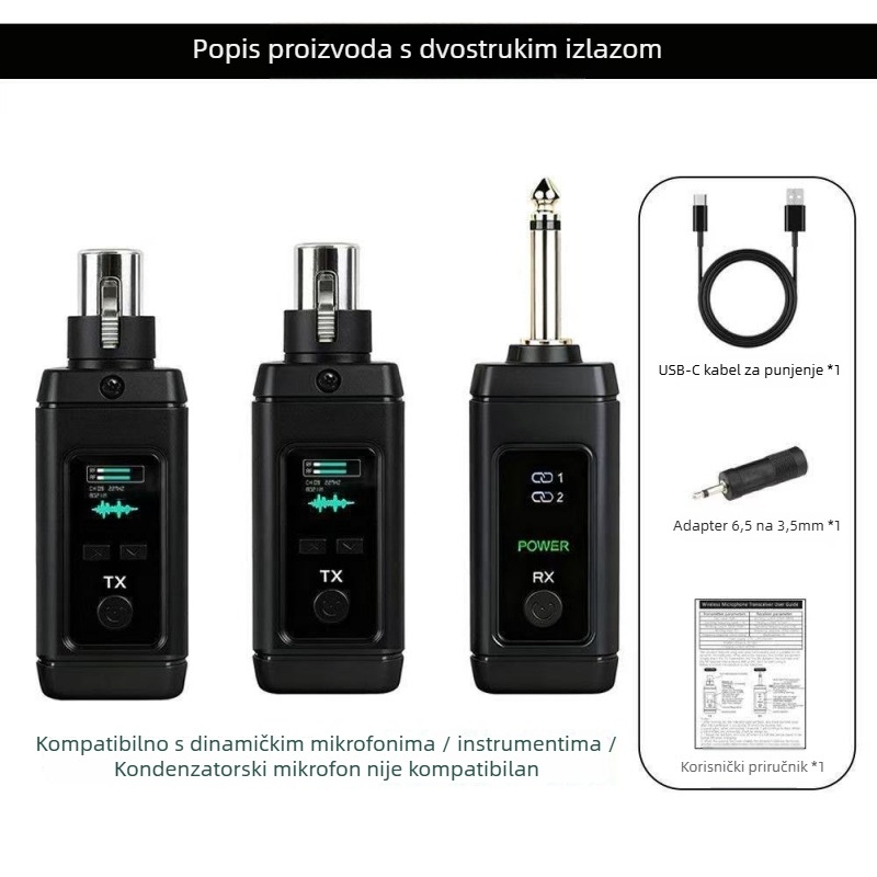 Žično–bežični pretvarač mikrofona: transmiter–prijemnik, One-to-One/One-to-Two, 2.4G, dinamički kardioidni mikrofon, frekvencijski odziv 60 Hz–15 kHz