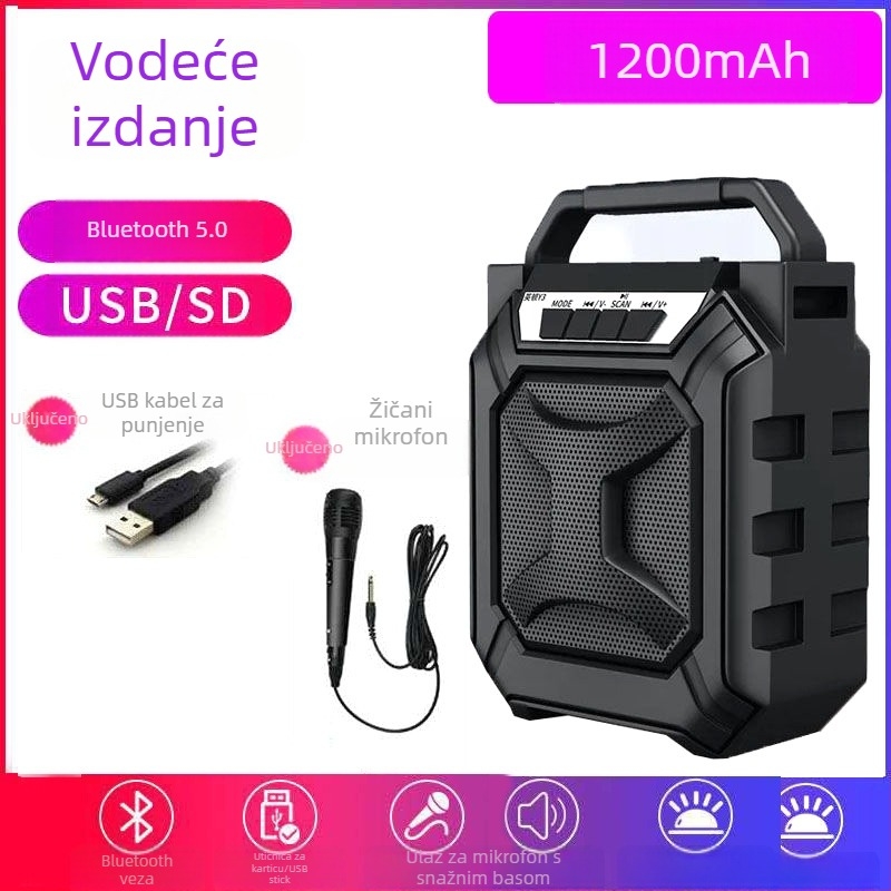 Bluetooth prijenosni zvučnik za vanjsku upotrebu, Bluetooth 5.0, 40Hz–20kHz, SNR ≥75dB, ugrađena baterija 1000–1200mAh, 5W