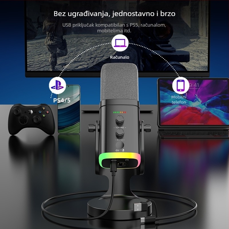 YU8 USB kondenzatorski mikrofon za stolno računalo — uživo prijenos, snimanje i voice-over, žični, SNR ≥60 dB