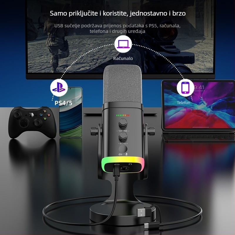 YU8 USB kondenzatorski mikrofon za stolno računalo — uživo prijenos, snimanje i voice-over, žični, SNR ≥60 dB