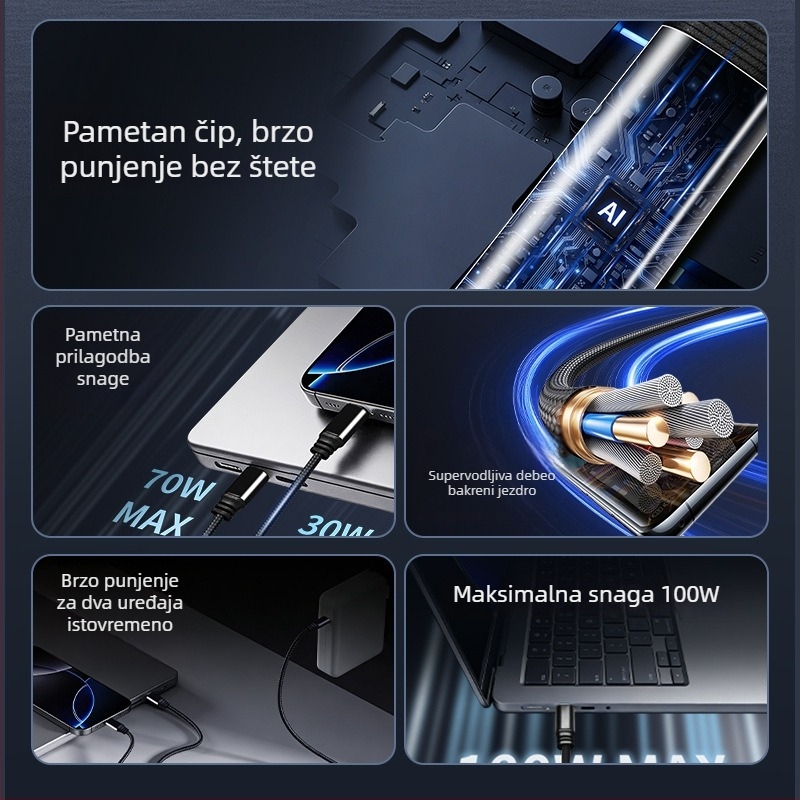 Type-C PD 100W pametni kabel brzog punjenja X7 s mogućnošću istovremenog punjenja dviju uređaja i inteligentnom raspodjelom snage, za Android telefone, prijenosna računala, tablete i power banke