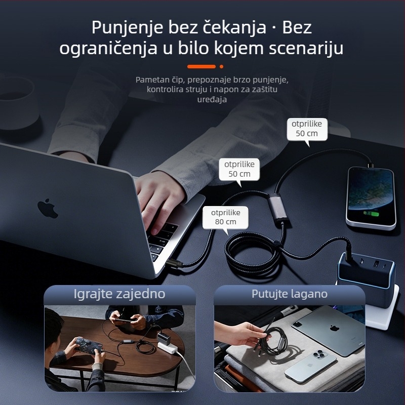 Type-C PD 100W pametni kabel brzog punjenja X7 s mogućnošću istovremenog punjenja dviju uređaja i inteligentnom raspodjelom snage, za Android telefone, prijenosna računala, tablete i power banke