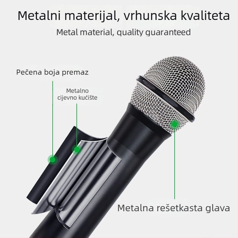 Bežični konferencijski mikrofoni s U-bandom, potpuno metalno kućište, podijeljeni sustav s dvije jedinice, raspon frekvencija 40 Hz–20 kHz, ugrađena baterija 1000–1200 mAh, trajanje baterije 6–8 h, SNR ≥95 dB