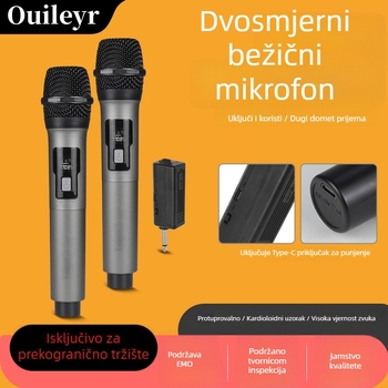 Bežični sustav mikrofona s jednim prijemnikom i dva mikrofona, punjačem za kućni karaoke, vanjske prostore i konferencije • Bluetooth 5.0 • 800–1000 mAh • 20 Hz–20 kHz • 8–12 h • SNR ≥70 dB