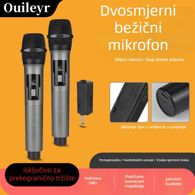Bežični sustav mikrofona s jednim prijemnikom i dva mikrofona, punjačem za kućni karaoke, vanjske prostore i konferencije • Bluetooth 5.0 • 800–1000 mAh • 20 Hz–20 kHz • 8–12 h • SNR ≥70 dB
