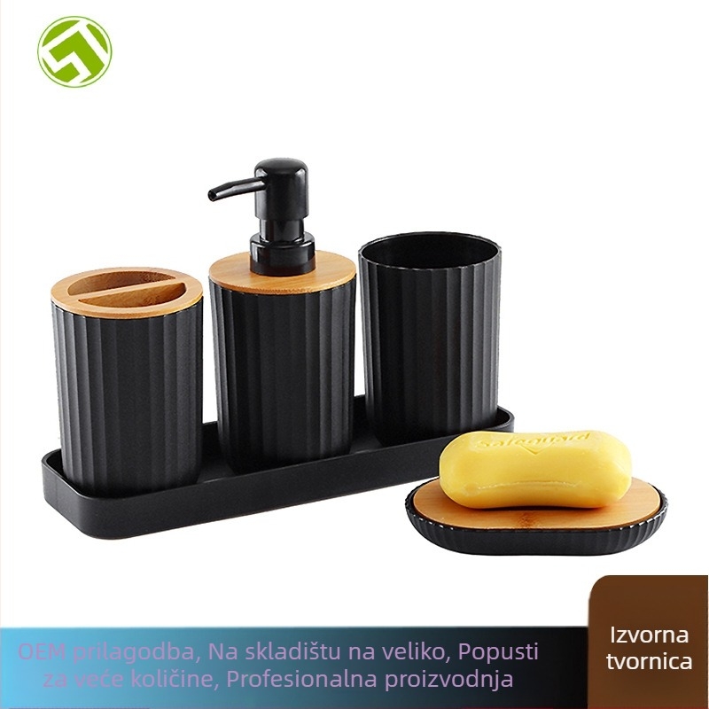 Pet dijelni kupaonski set od plastike i bambusa – čaše za četkicu za zube i za vodu, pladanj, mogućnost otiska logotipa