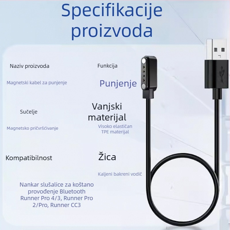 Kabel za punjenje Bluetooth slušalica s kostnom provodljivosti, magnetski punjač, podatkovni kabel, kompatibilan sa Sena i NANKA