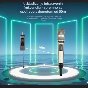 SKM9000 karaoke mikrofon – frekvencijski odziv 100 Hz–20 kHz, snaga 5 W, vijek baterije 3–6 h, ručno korištenje