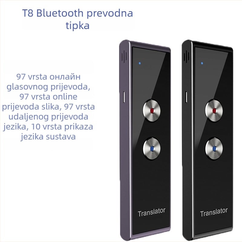 Prijenosni Bluetooth APP prevoditelj, model T8, prijevod na više jezika u realnom vremenu, metalno kućište, domet 5–10 m