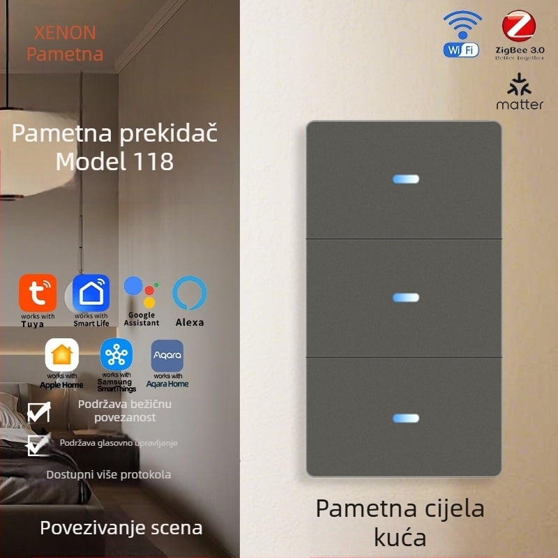 Pametni WiFi prekidač 118, Tuya Smart, Kompatibilan s Matter, Udaljeno upravljanje putem aplikacije, 110-240V AC, Električna dugovječnost ≥10 000 ciklusa