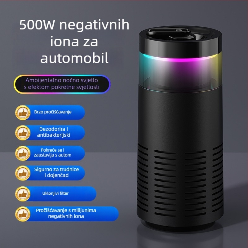 Automobilski uređaj za pročišćavanje zraka s HEPA kompozitnim filtrom i negativnim ionima — Model K-3, USB napajanje, 2W, koncentracija 500, pogodno za do 10 m²
