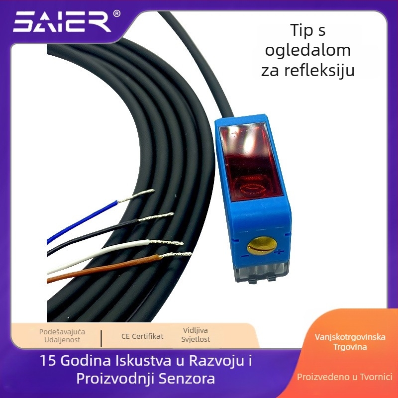 SAIER fotoelektrični prekidač – kvadratni, infracrveni, difuzni odraz, potiskivanje pozadine, domet detekcije 30 cm