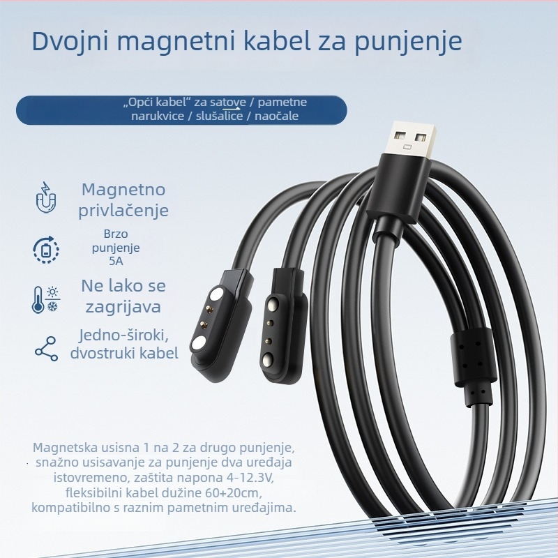 Magnetski USB kabel za punjač za pametne naočale, sat i narukvicu – jedan na dva, kompatibilan s 4.0-12.3, brenda Rising Sun