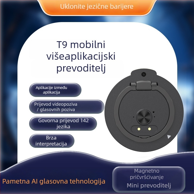 Uređaj za prijevod glasa i videa preko aplikacija s magnetskim stalkom - Model Q9, kompatibilan s Android/iOS, Bluetooth, domet 10 m