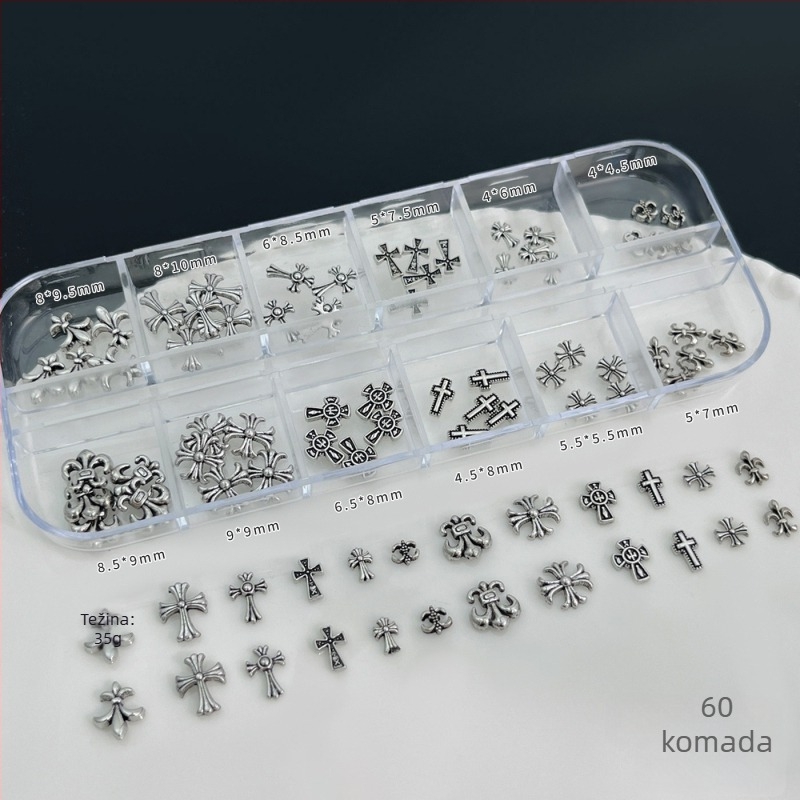 Set nakita za nokte – metalne sponke s motivima križa, srca i zvijezda, u kutiji s 12 pretinaca