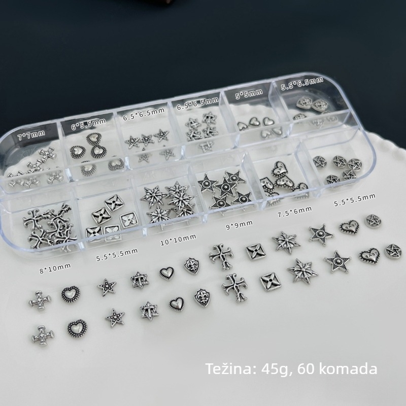 Set nakita za nokte – metalne sponke s motivima križa, srca i zvijezda, u kutiji s 12 pretinaca
