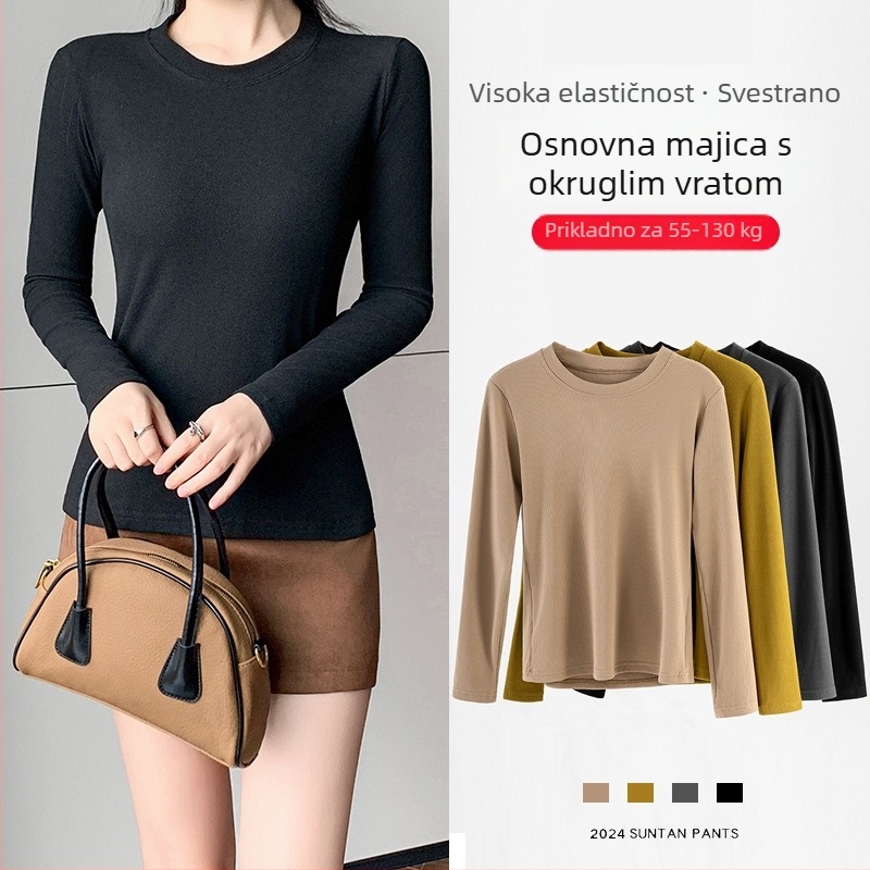 Ženski modalni top s dugim rukavima, slim fit, okrugli izrez, 70-80% modal vlakna, proljeće 2025