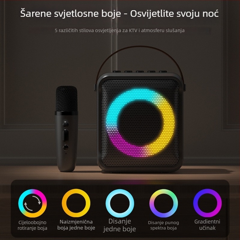 RK01 Bluetooth karaoke zvučnik s ugrađenim mikrofonom, 5W izlaz, Bluetooth 5.3, baterija 1000–1200mAh, 100Hz–20kHz, domet 15 m