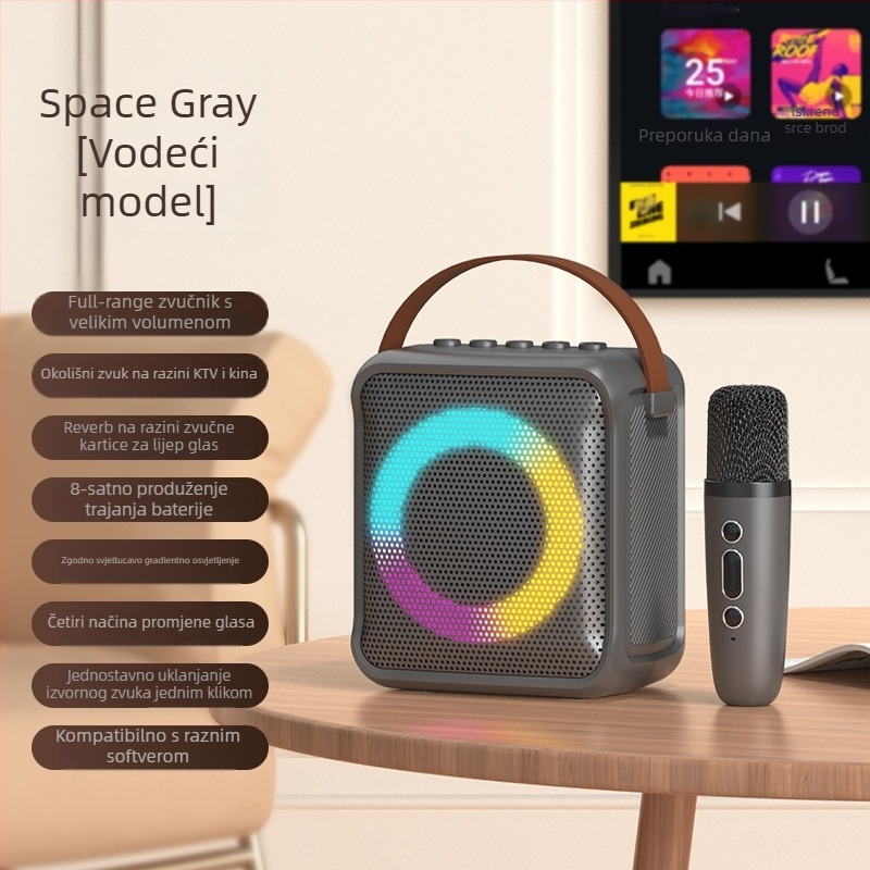 RK01 Bluetooth karaoke zvučnik s ugrađenim mikrofonom, 5W izlaz, Bluetooth 5.3, baterija 1000–1200mAh, 100Hz–20kHz, domet 15 m