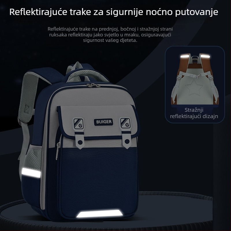 Unisex školska torba za razrede 1–6 — Oxford tkanina, vodootporna i otporna na mrlje; prozračna i otporna na habanje uz noćnu refleksiju; zakrivljene naramenice; mogućnost prilagodbe logotipa.