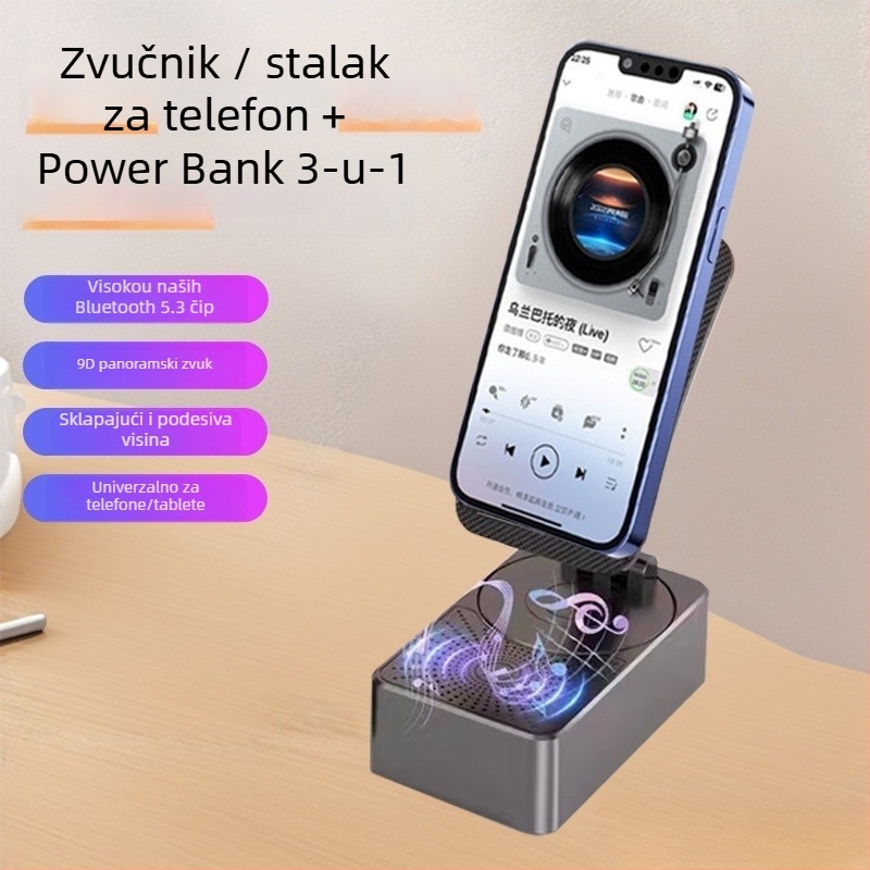 Prijenosni 3-u-1 zvučnik sa stalkom, ugrađenom baterijom i funkcijom punjenja, Bluetooth 5.3, 5W pri 5V, domet 10 m