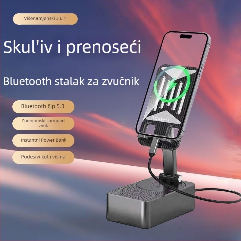 Prijenosni 3-u-1 zvučnik sa stalkom, ugrađenom baterijom i funkcijom punjenja, Bluetooth 5.3, 5W pri 5V, domet 10 m