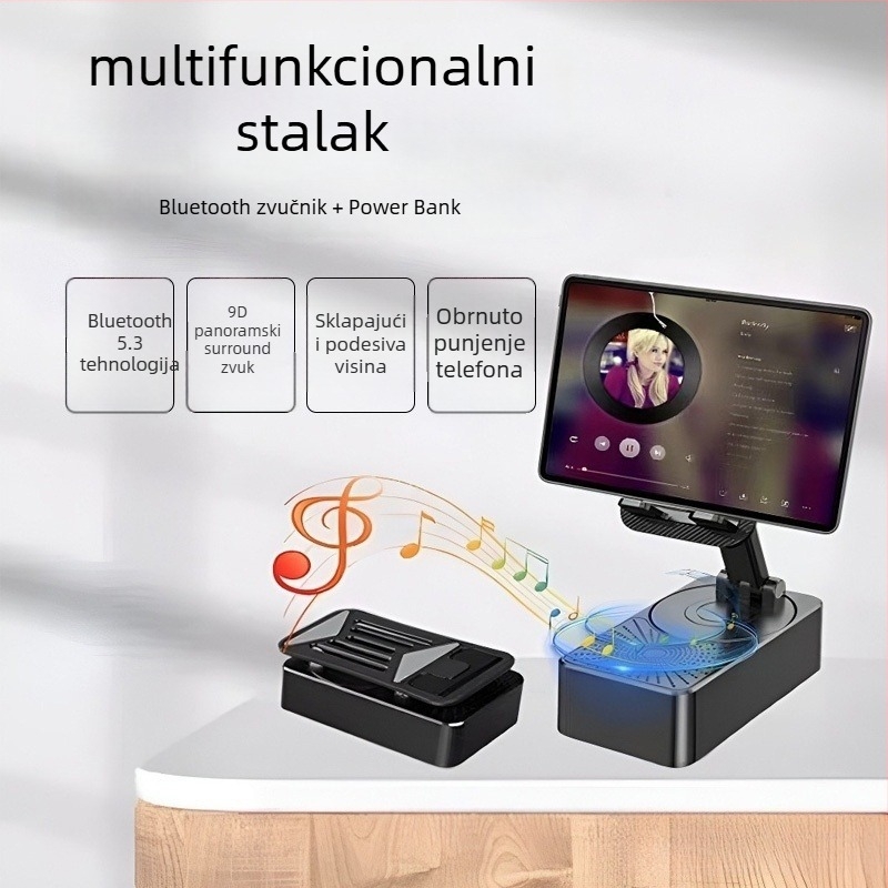 Prijenosni 3-u-1 zvučnik sa stalkom, ugrađenom baterijom i funkcijom punjenja, Bluetooth 5.3, 5W pri 5V, domet 10 m
