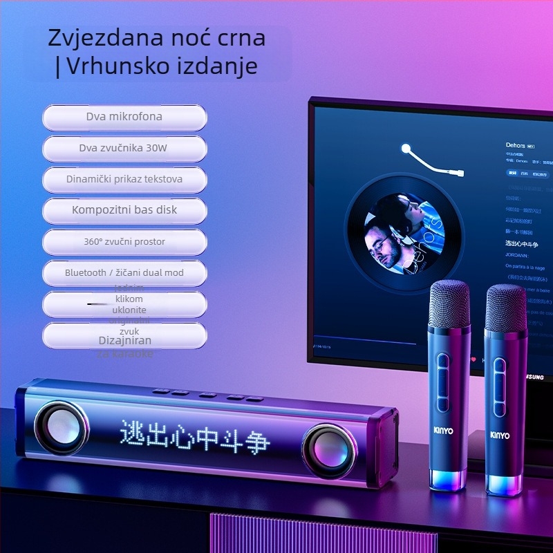K100 Bluetooth karaoke sustav zvučnika, s dva zvučnika, Bluetooth 5.3, 30W, ugrađena baterija 4000–6000 mAh, frekvencijski raspon 100 Hz–20 kHz, SNR ≥75 dB