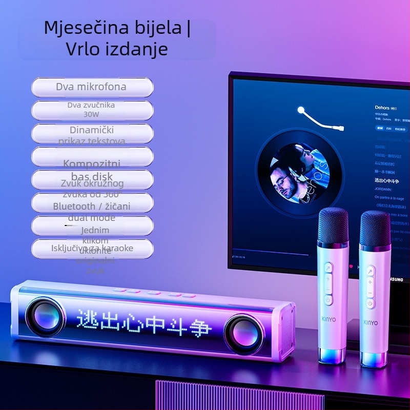 K100 Bluetooth karaoke sustav zvučnika, s dva zvučnika, Bluetooth 5.3, 30W, ugrađena baterija 4000–6000 mAh, frekvencijski raspon 100 Hz–20 kHz, SNR ≥75 dB