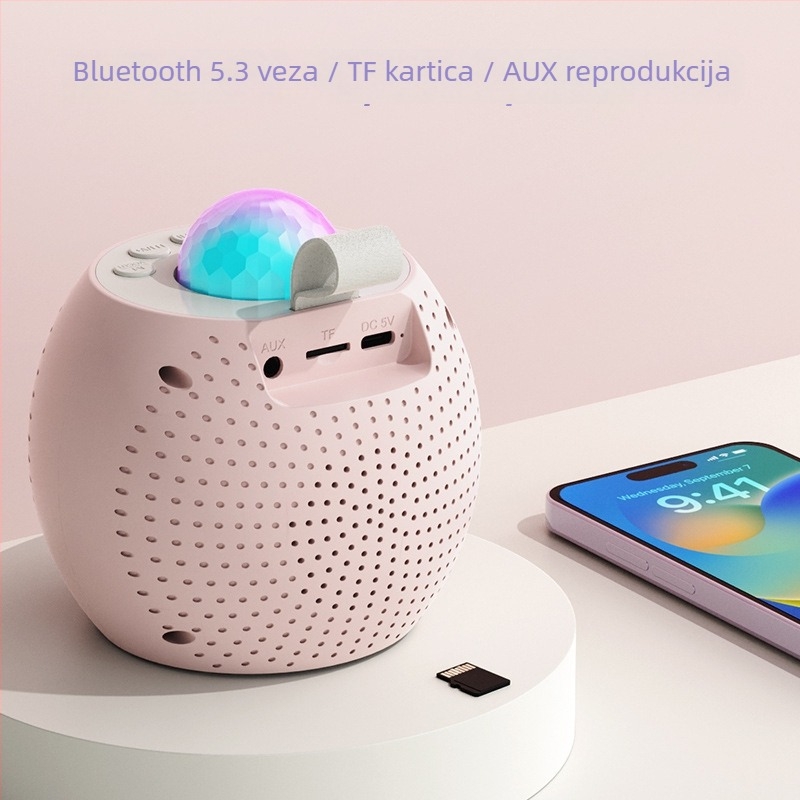 Karaoke Bluetooth zvučnik s projekcijom zvjezdanog neba i ugrađenim mikrofonom; Bluetooth 5.3, Li-Po baterija, 5W, 100Hz–20kHz, SNR ≥70dB