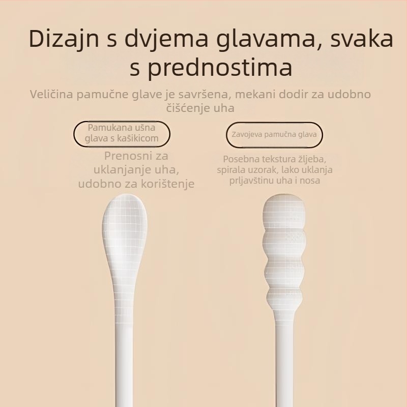 Jednokratne štapiće za čišćenje uha s dvostrukom glavom, papirnim osovinom, bez vlakana