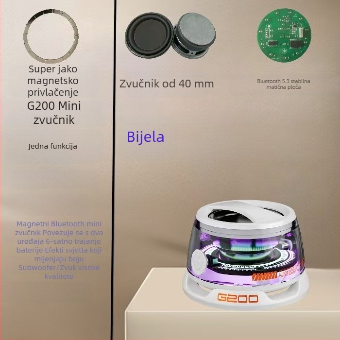 G200 Prijenosni Bluetooth zvučnik s magnetskim držačem za telefon, stolni mini subwoofer i šareni svjetlosni efekti