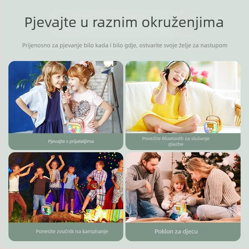 P12 Bluetooth karaoke zvučnik s bežičnim mikrofonom, prijenosne LED svjetla, ugrađena baterija 1000–1200 mAh, Bluetooth 5.0, izlaz 5W, frekvencijski raspon 100 Hz–20 kHz