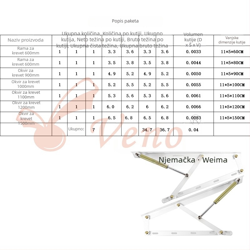 Hidraulijska potpora za okvir kreveta (Model SP 001; Marka: Veno; Materijal: hladno valcana čelik; Primjena: za jednostruki i dvostruki okvir kreveta; Stil: moderni i minimalistički)