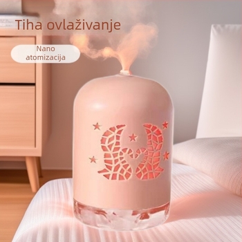 Mini USB ovlaživač s LED svjetlom, okruglog oblika, spremnik 0,5 L, 1 izlaz magle, USB napajanje, vremenski tajmer 8+ sati, tih rad