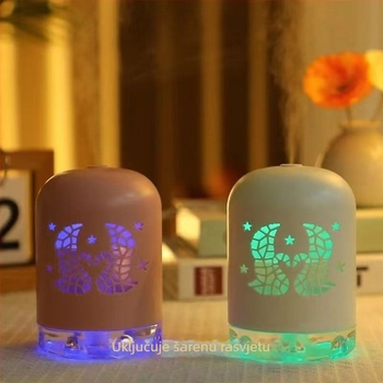 Mini USB ovlaživač s LED svjetlom, okruglog oblika, spremnik 0,5 L, 1 izlaz magle, USB napajanje, vremenski tajmer 8+ sati, tih rad