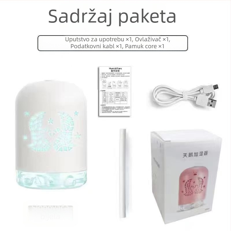 Mini USB ovlaživač s LED svjetlom, okruglog oblika, spremnik 0,5 L, 1 izlaz magle, USB napajanje, vremenski tajmer 8+ sati, tih rad