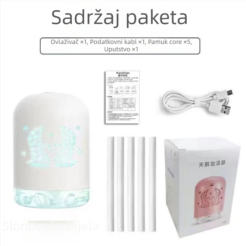 Mini USB ovlaživač s LED svjetlom, okruglog oblika, spremnik 0,5 L, 1 izlaz magle, USB napajanje, vremenski tajmer 8+ sati, tih rad