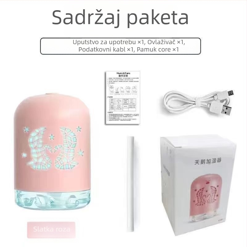 Mini USB ovlaživač s LED svjetlom, okruglog oblika, spremnik 0,5 L, 1 izlaz magle, USB napajanje, vremenski tajmer 8+ sati, tih rad