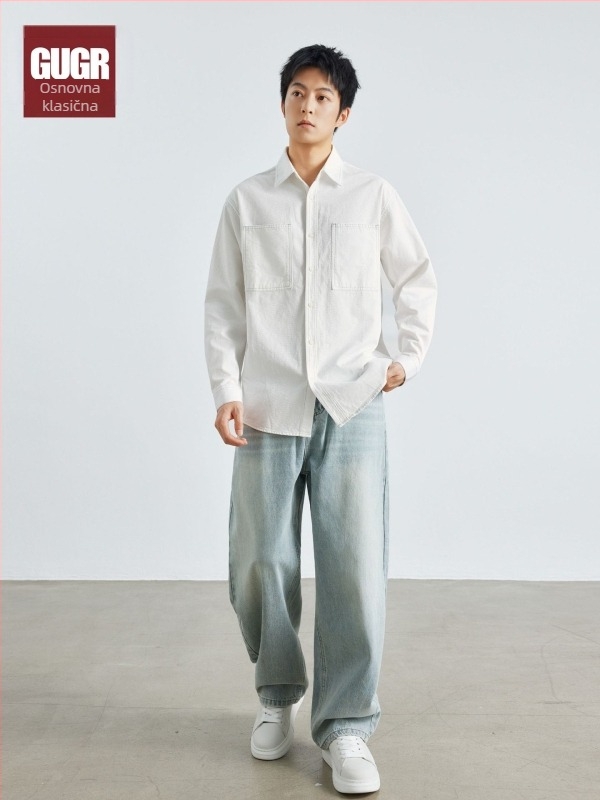 Muška lagana pamucna košulja, cardigan stil, opušten kroj, dugi rukavi, japanski retro