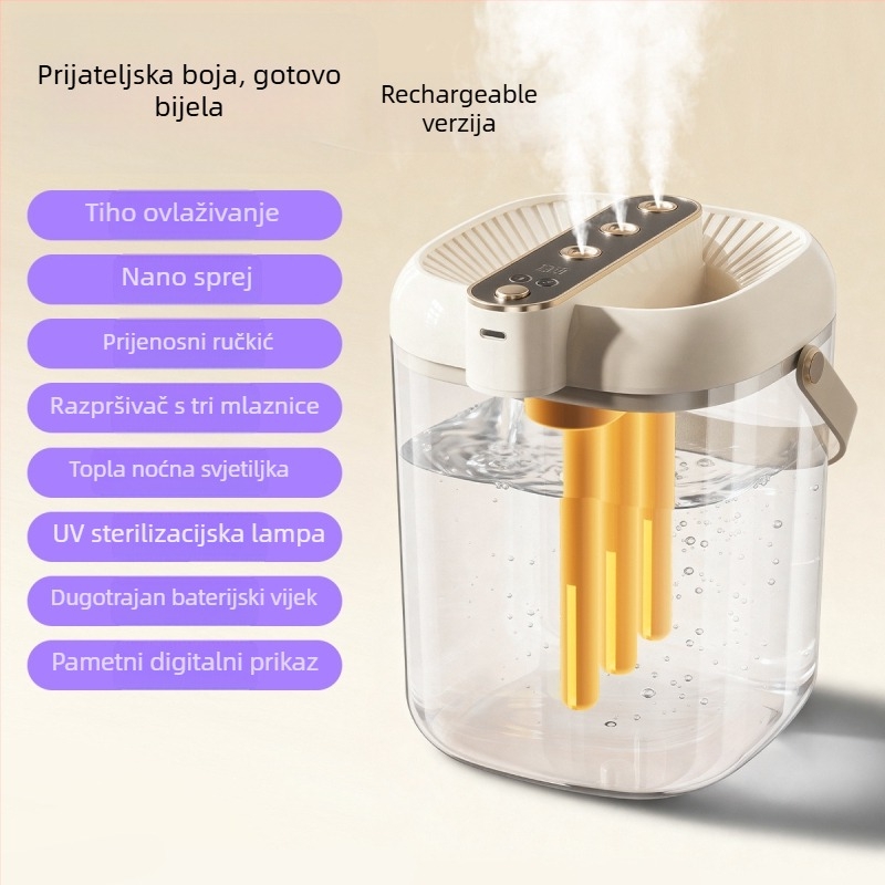 Vlaživač zraka za kućnu upotrebu s 3 mlaznicama magle, USB napajanje, spremnik ≤0,5 L, za prostorije do 10 m², buka 36–45 dB